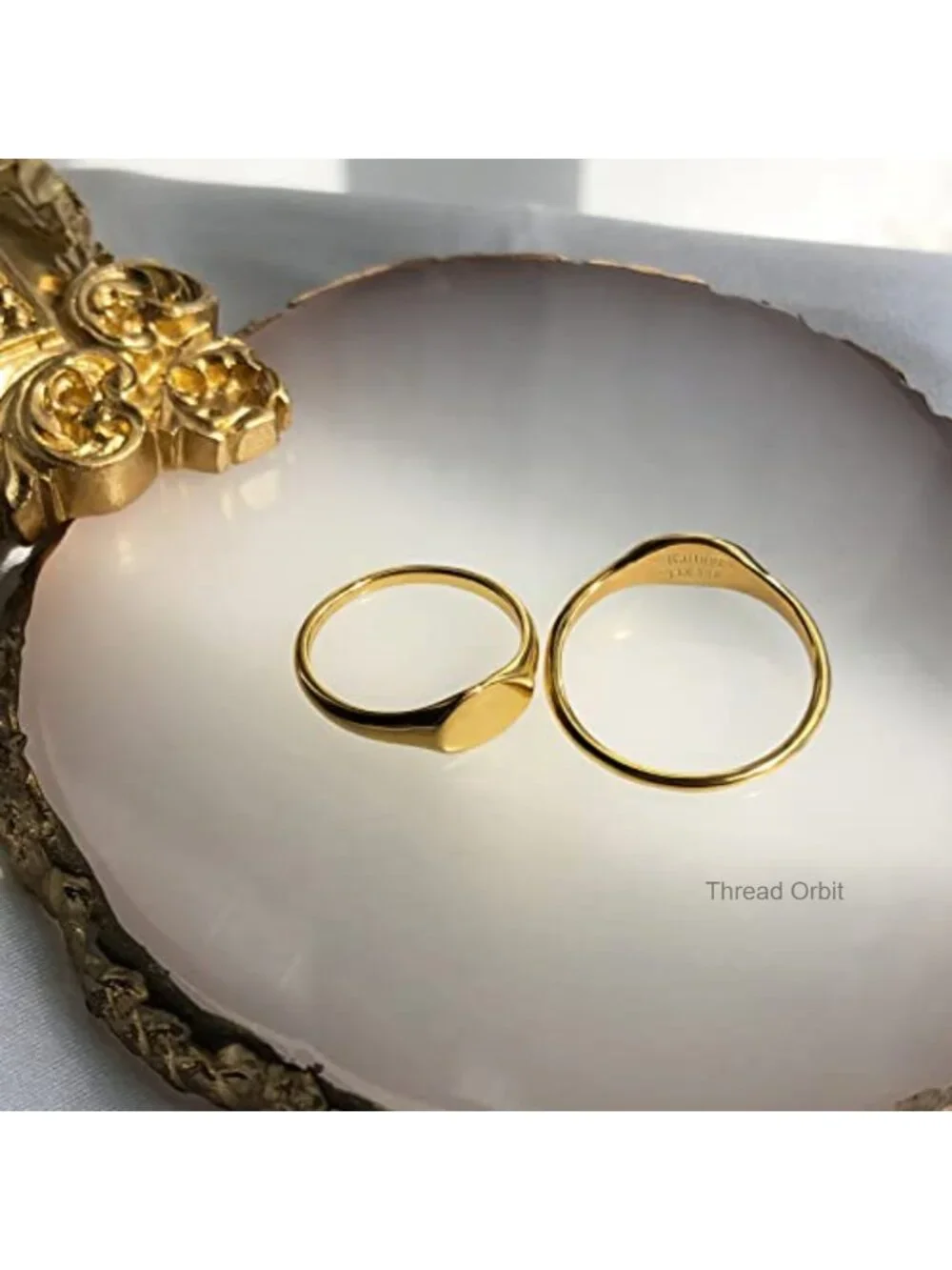 14K Gold Plated Signet Ring Stackable Thin Oval Pinky Band 1.5mm Dainty